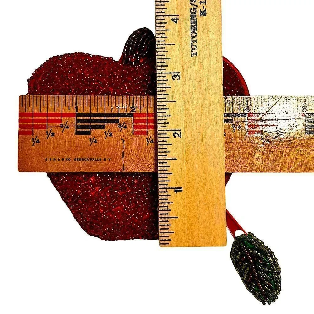 Vintage Apple Coin Purse Red Glass Seed Beads Kitsch Fruit Novelty Zipper Pouch
